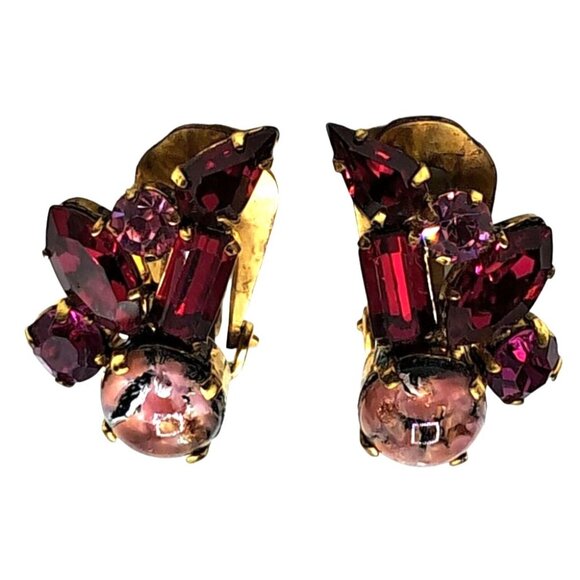 Vintage Austria Rhinestone Earrings Art Glass Dragons Breath Pink Red Clip On Si - Picture 2 of 12
